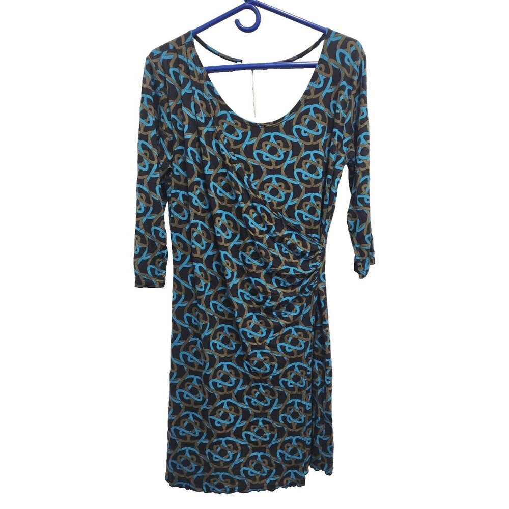 Zen Knits Faux Wrap Dress Medium Black Blue Abstract Artsy 3/4 Sleeve Office NWT